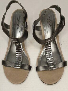 Comfort Plus Predictions Swanky Pewter Rhinestone Wedge Sandals Size 8.5W
